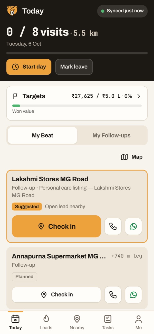 Rep app Today screen with the day's beat and check-in buttons